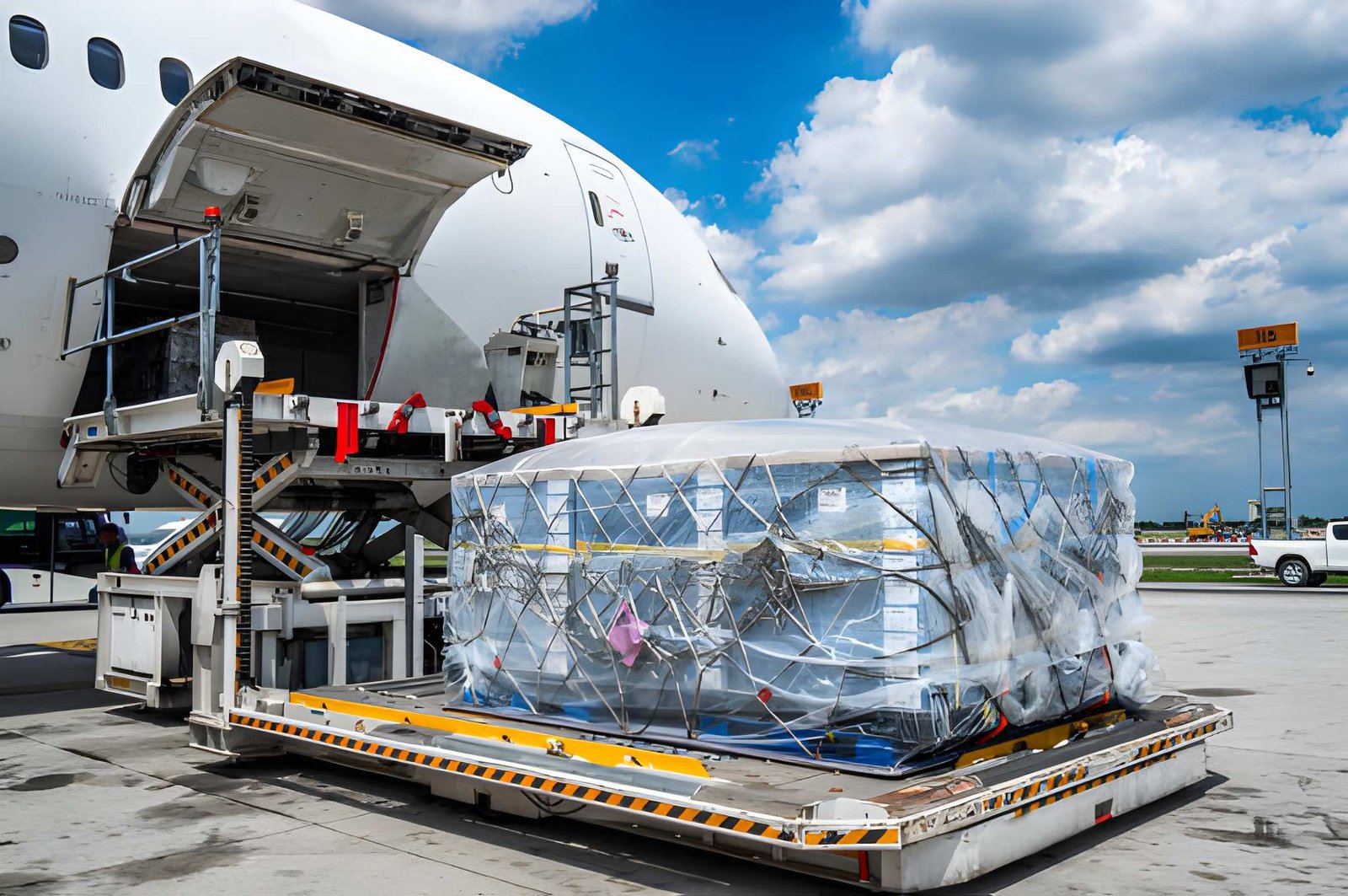 Palletized cargo beside an aircraft’s open cargo door for air freight loading