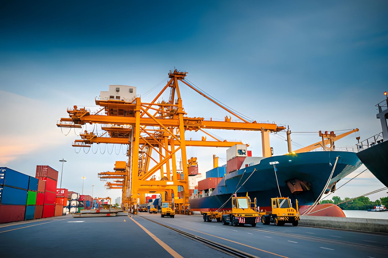Cargo ship berthed beside container cranes