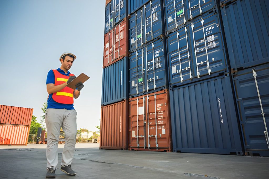 Worker checking a clipboard beside stacked containers, illustrating container operator services