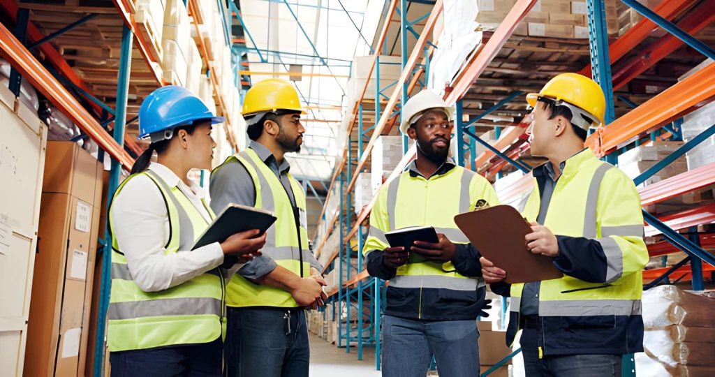 Logistics staff checking shipment records for international freight forwarding