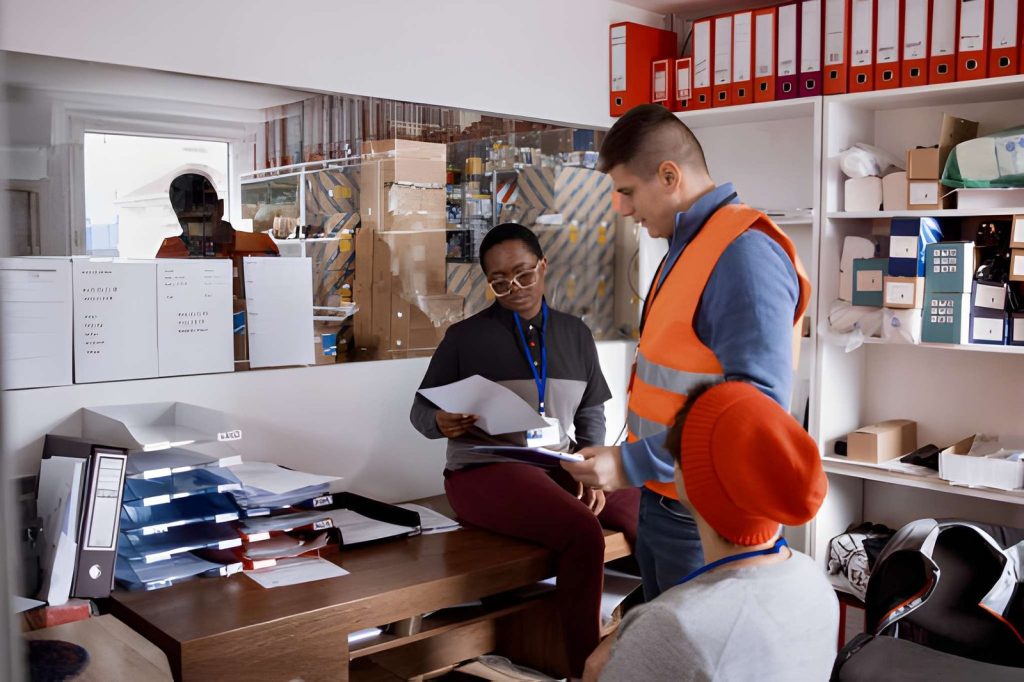 Staff reviewing documents at an office desk, illustrating liner agency services coordination