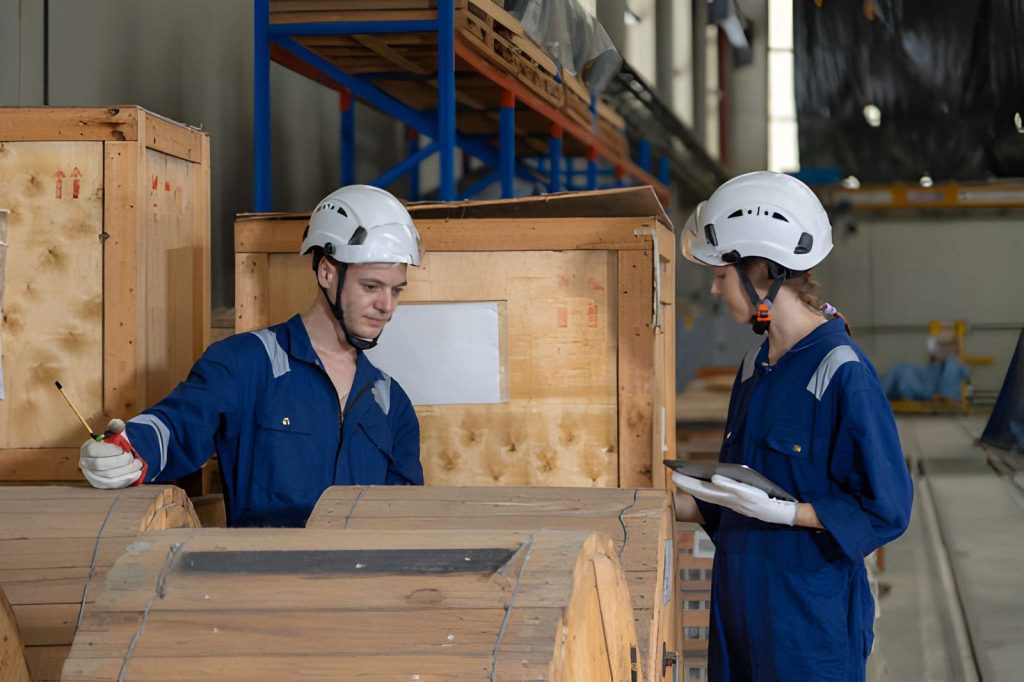 Workers checking wooden cargo crates for project logistics planning