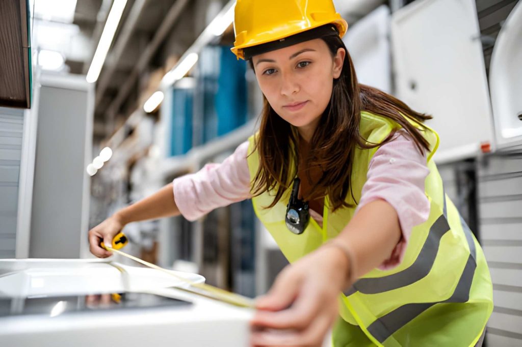 Warehouse worker measuring cargo for sea freight quotes