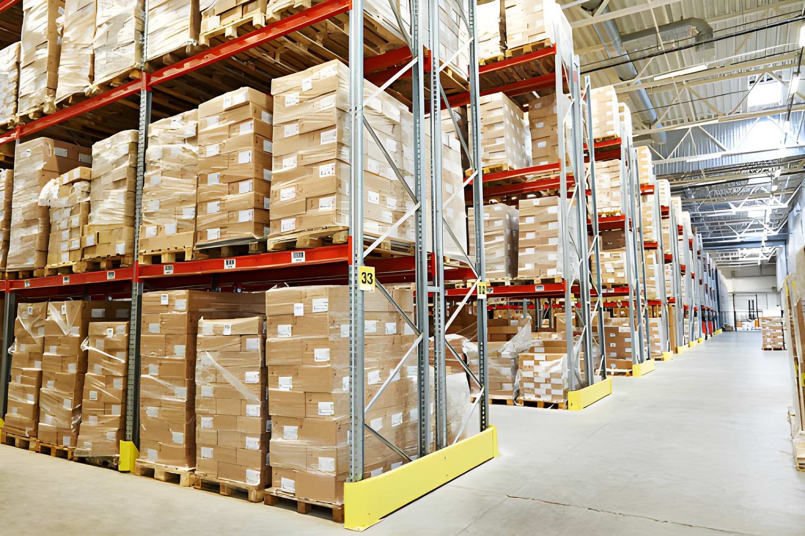 Palletized goods stored on warehouse racks