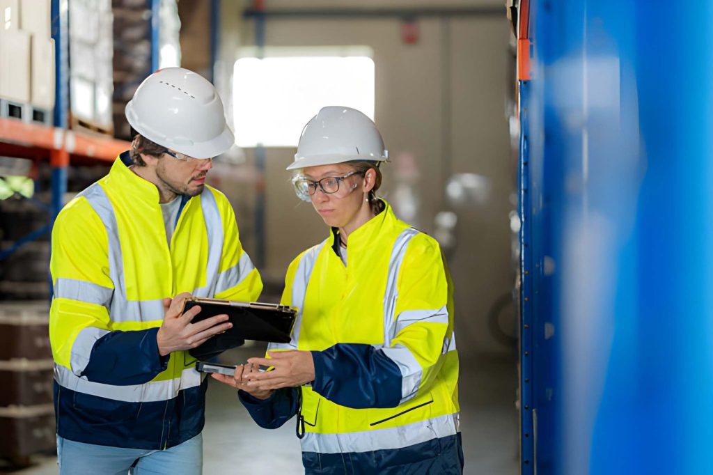 Worker checking pallet records as part of warehousing and 3PL services